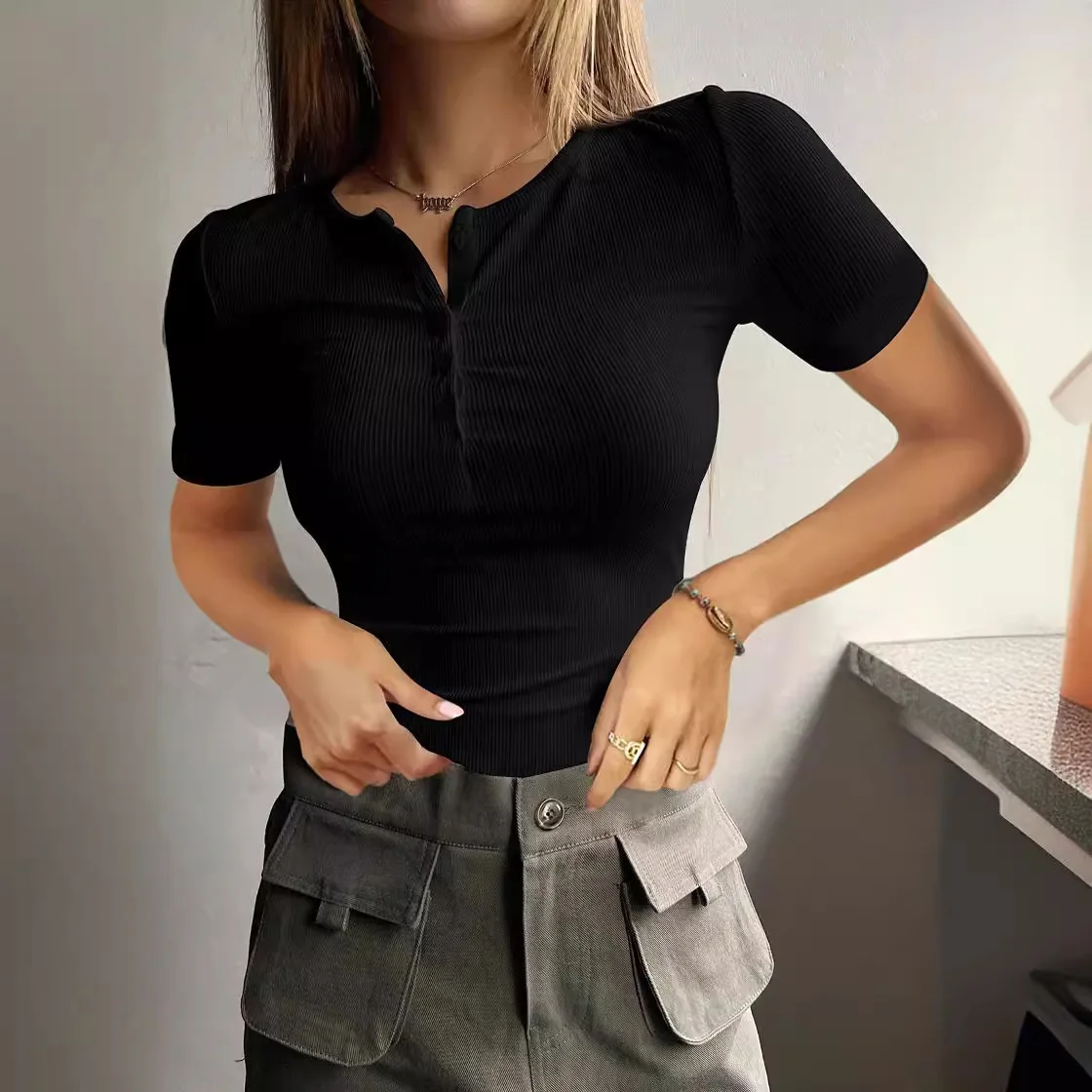 

2024 Spring Summer Women's New Short Sleeve Button Ribbed Slim Fit Knitted Sweater