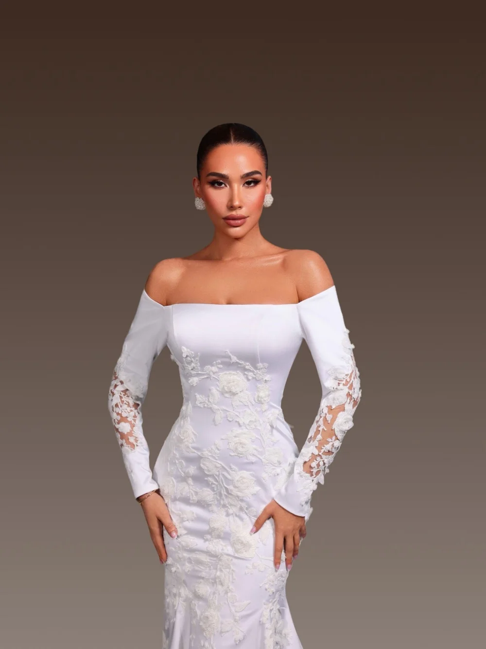 

Romantic Off-Shoulder Wedding Dress Elegant Long-Sleeved A-Line Bridal Gown Charming Lace Applique Floor-Length Customized