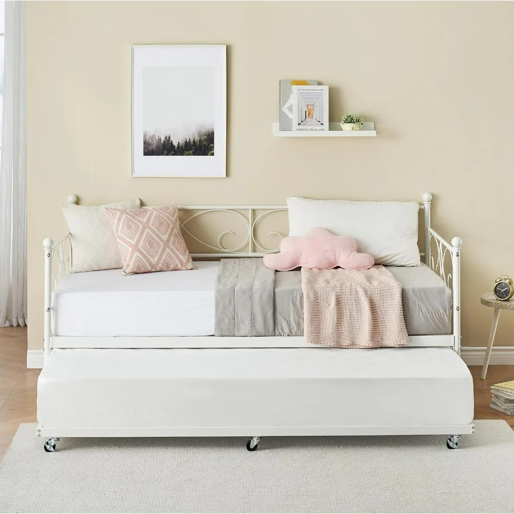 

Twin Daybed with Trundle, Metal Trundle Bed, Sofa Bed Frame, Heavy Duty Metal Slats, Bedroom, Guest Room, Space Saving, daybeds