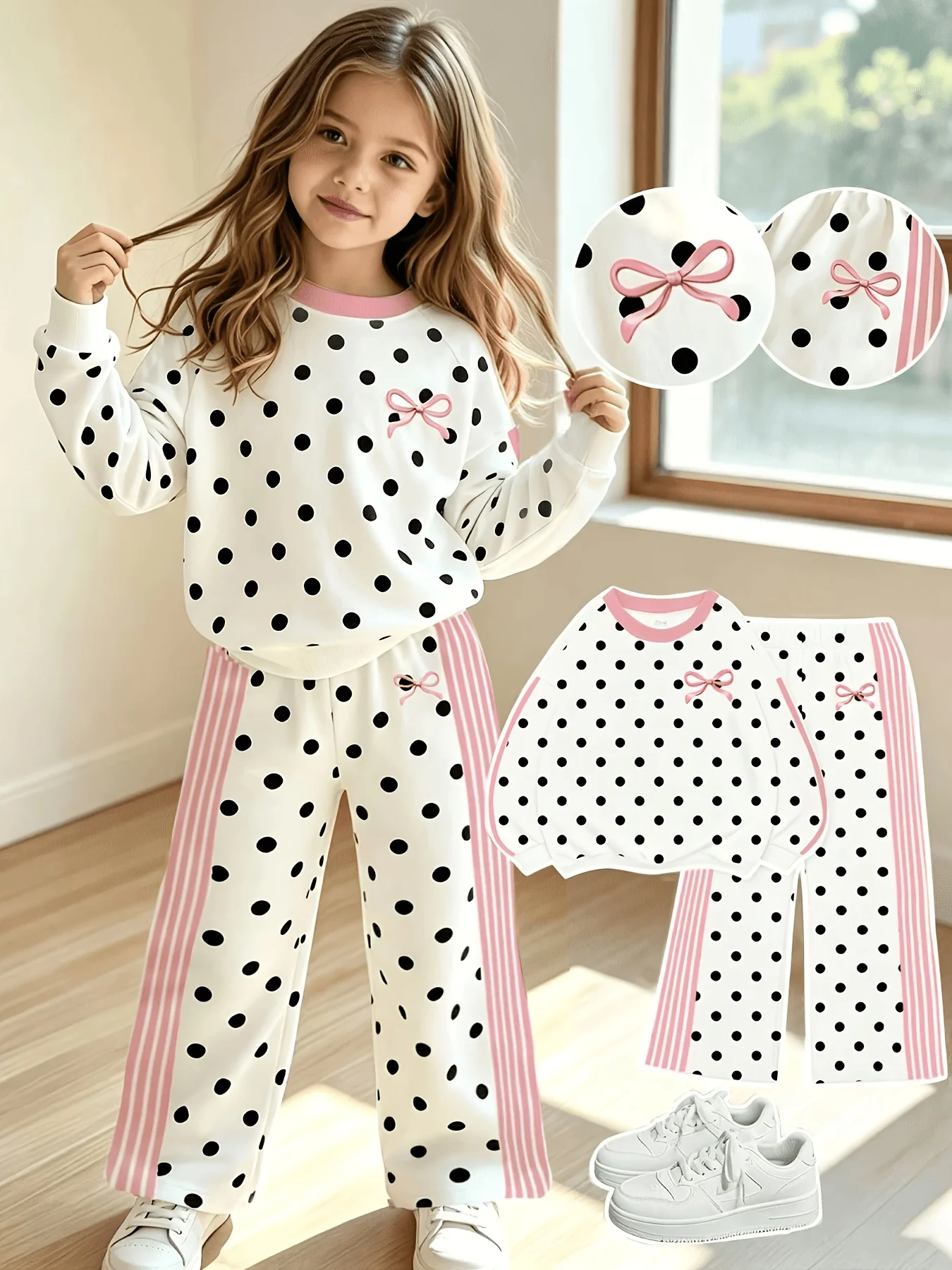 Girls' Autumn Outfit Set: Girls' Polka Dot Bow Long-Sleeve Top Paired with Wide-Leg Long Pants, Black and White Polka Dot Print with Pink Side Stripe Design, Suitable for Children Aged 7-13, Versatile Clothing