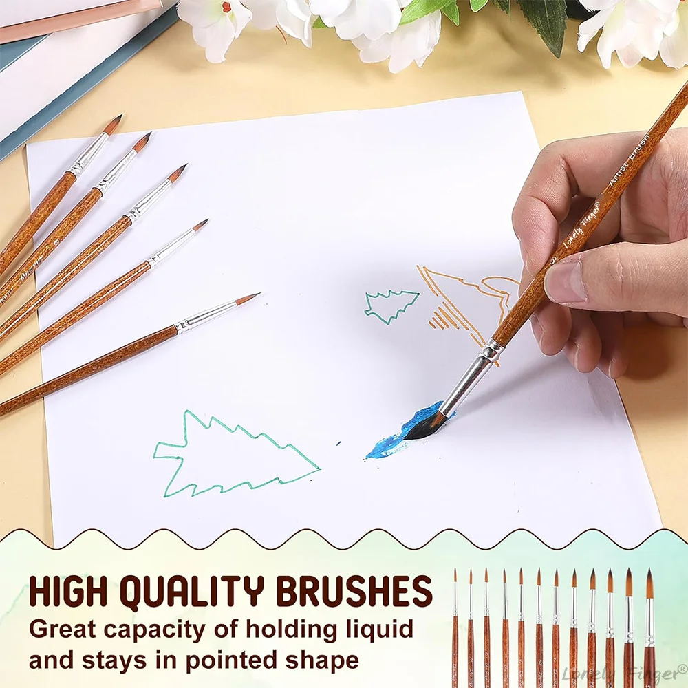 12pçs pincéis de pintura de aquarela artística, conjunto de pincéis de pintura de artista de ponta redonda e pontiaguda de tamanho diferente para aquarela acrílica guache