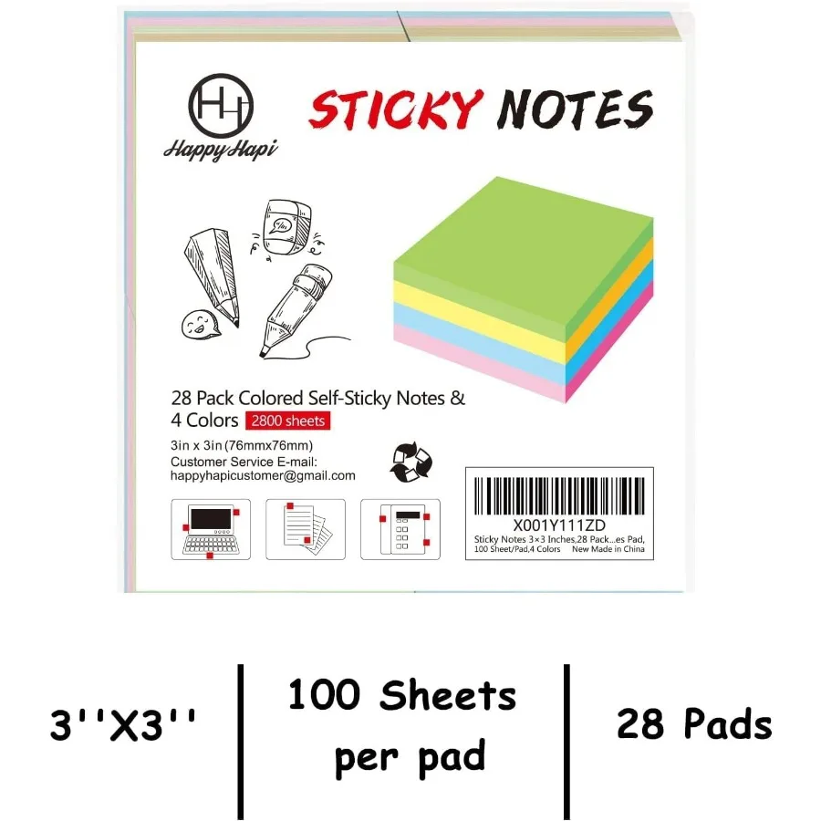Sticky Notes 3x3 Inches Bulk 28 Pack 2800 Sheets Colored SelfStick Pads 100 Sheets Pad with 4 Bright Colors Yellow Green Pink B