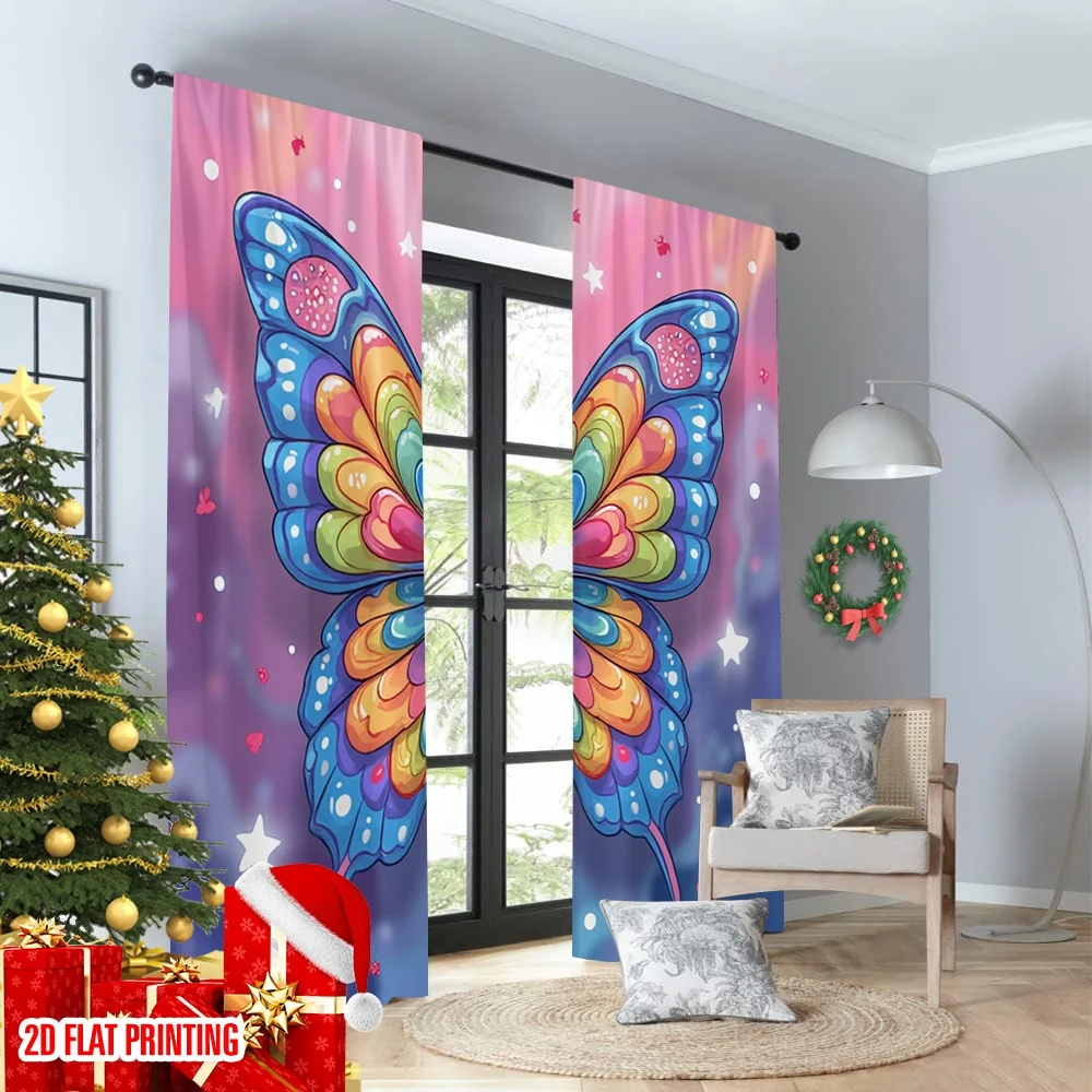2 قطعة 2D ستائر الطباعة المسطحة نابضة بالحياة قوس قزح فراشة الرقمية المطبوعة البوليستر الستائر زينة الحفلات مثالية للمنزل و #4