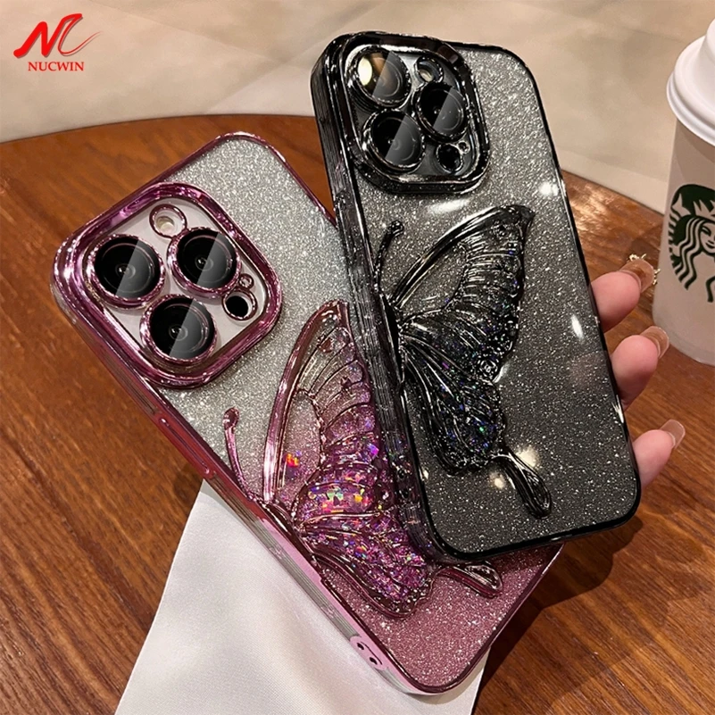 Luxury Quicksand Glitter Butterfly Case for iPhone 11 12 13 14 15 Pro Max 15Pro 14Pro Max Shinny Bling Clear Plating Soft Cover