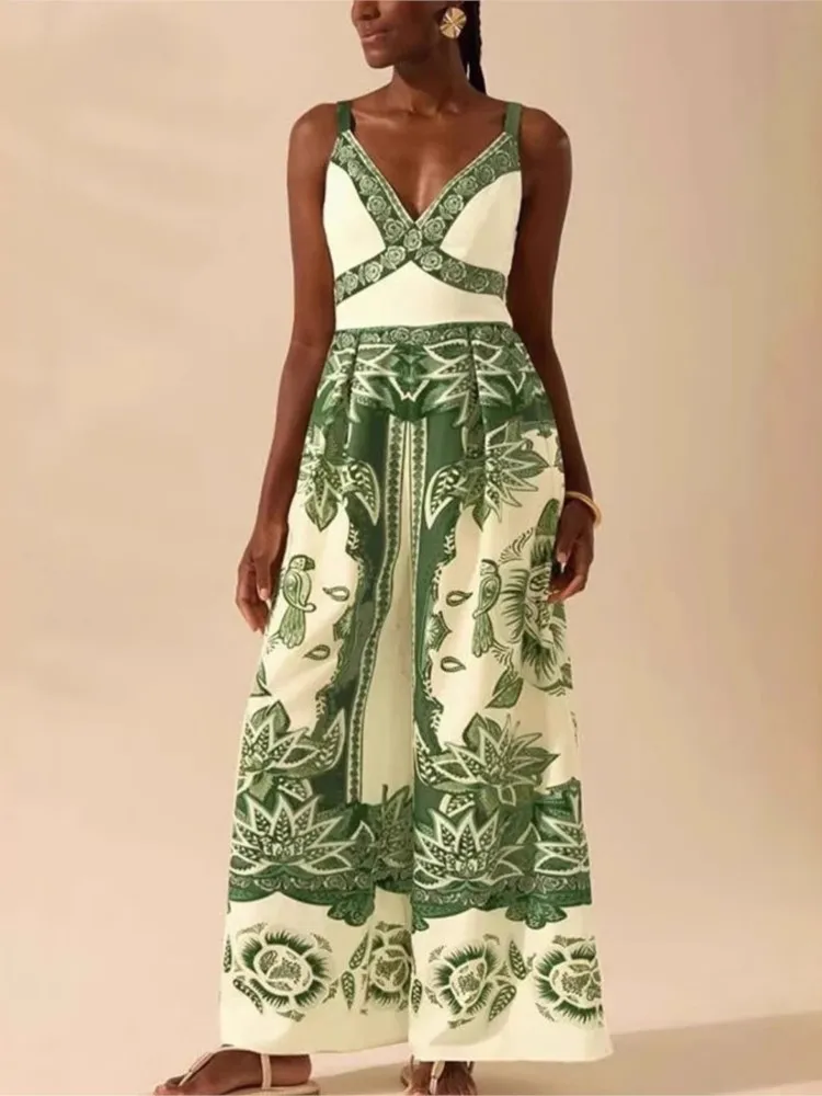 Tuta da vacanza a gamba larga con bretelle casual stampata stile bohémien Tuta estiva da donna elegante senza maniche per pendolarismo