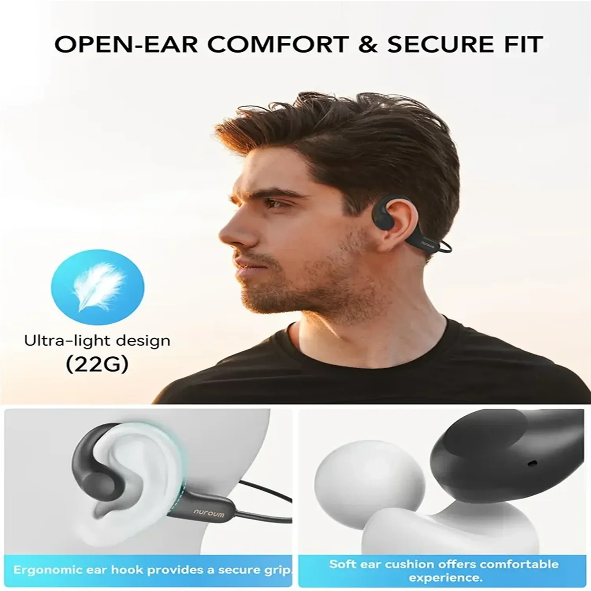 NUROUM Bluetooth Earphone Neck Mounted Wireless Headset Open-back Earphones High Power Smooth Sound Conduction Long Battery Life view 5
