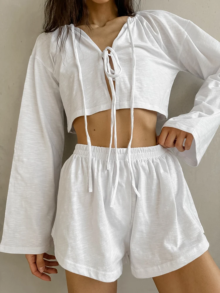 Hiloc Summer Cotton White Shorts Sets Night Wears Women Fashion Long Sleeve Lace-Up Tops Casual Black Wide Leg Shorts Pajamas