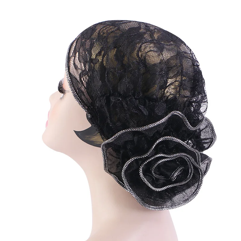New Large Breathable lace Flower Turbans For Women Muslim Ruffle Cancer Chemo Beanie Caps hijab inner bonnet Islamic Headwear