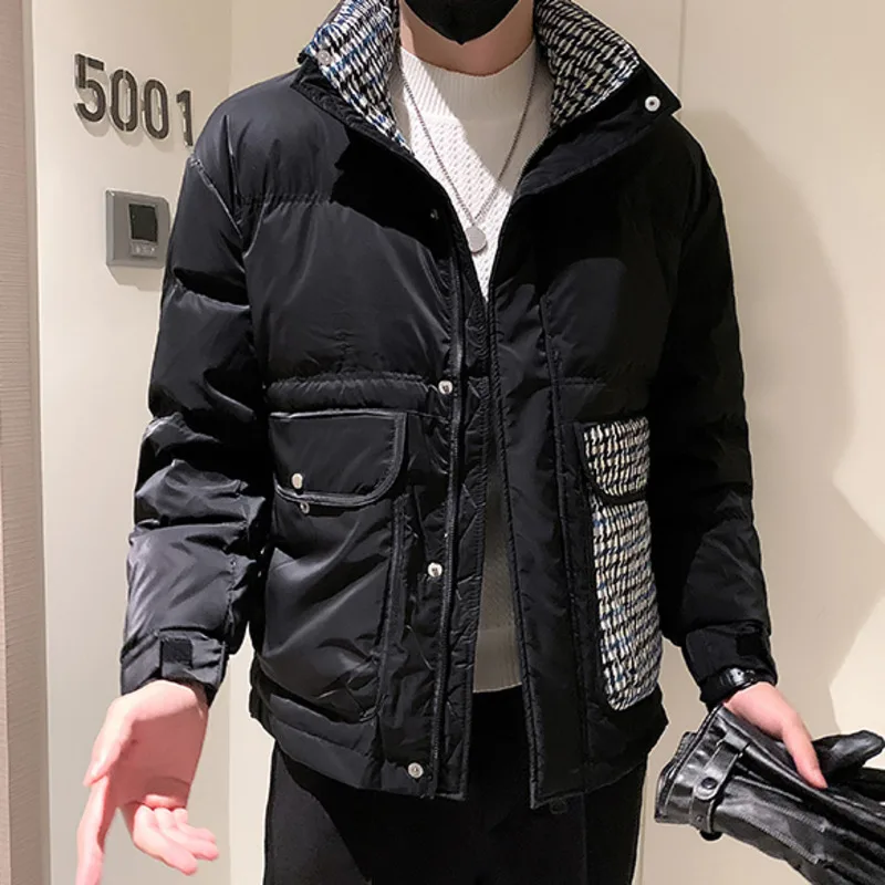 Stand Collar Houndstooth Stitching Duck Down Jacket Men Winter Fashion Thickened Business Coat Men Wear Duck Down Jacket Men