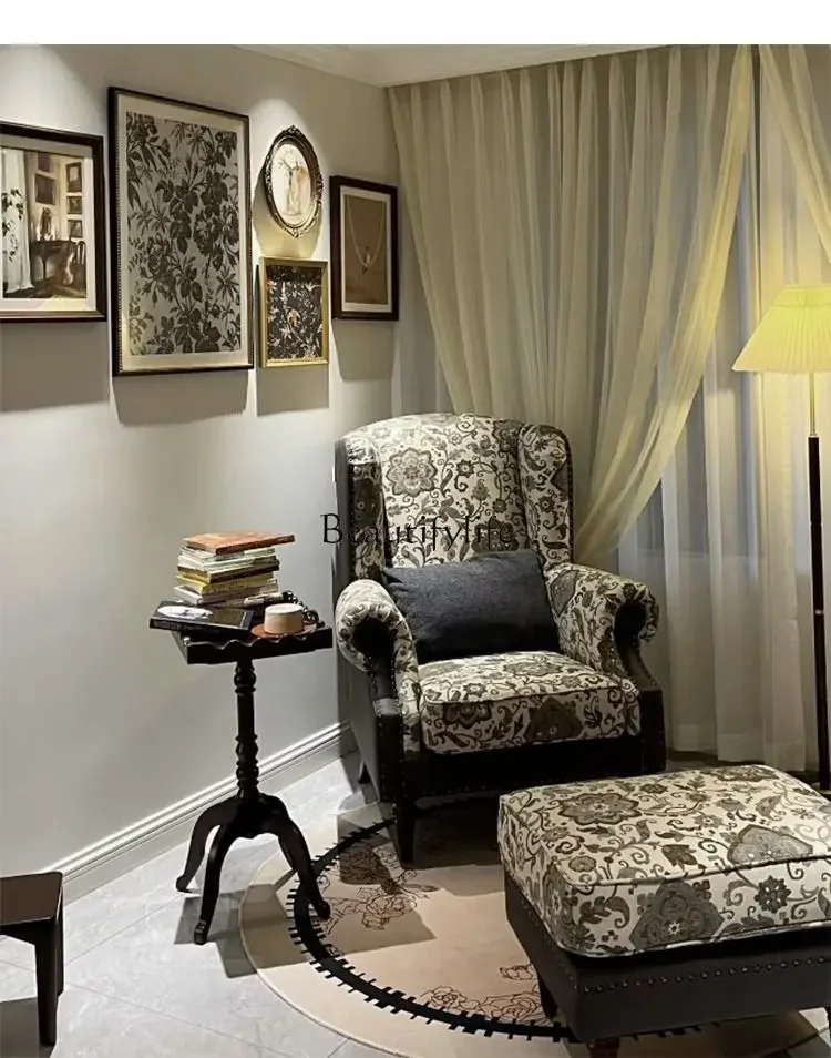 LD6American Retro Wingback كرسي غرفة معيشة فردية أريكة قماش خشب متين أريكة غرفة النوم