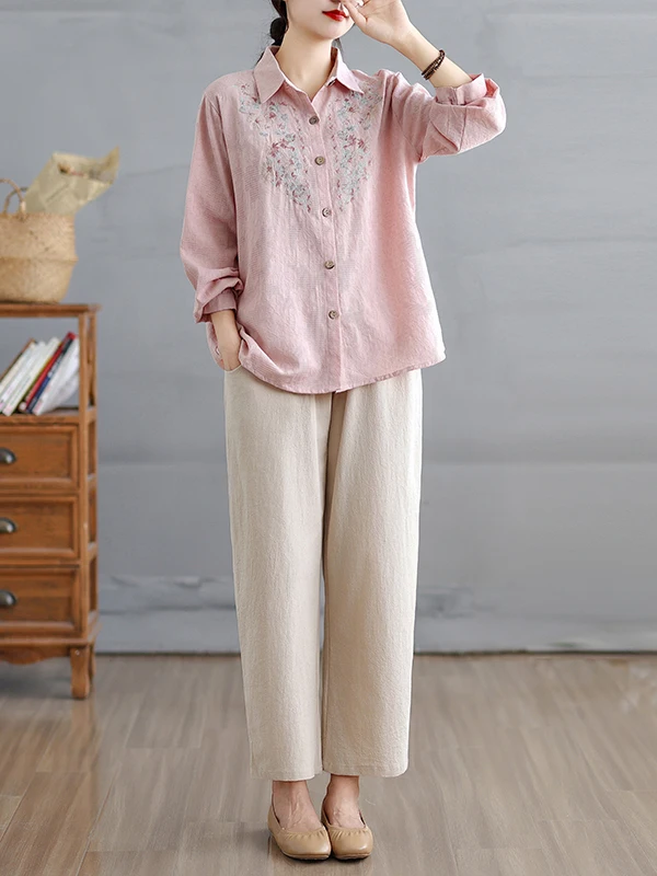 자수 장식이 있는 엘리 코튼 린넨 투피스 세트와 플러스 사이즈 여성용 신축성 있는 허리 캐주얼 하란 팬츠