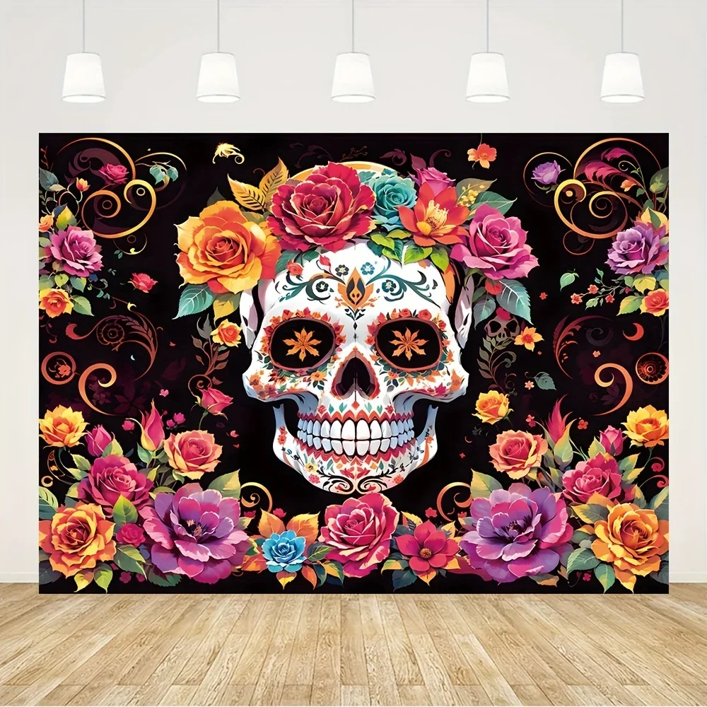 

Day Of The Dead Rose Party Backdrop Mexican Sugar Skull Flower Fiesta Marigold Carnival Dress-up Dance Party Photo Background