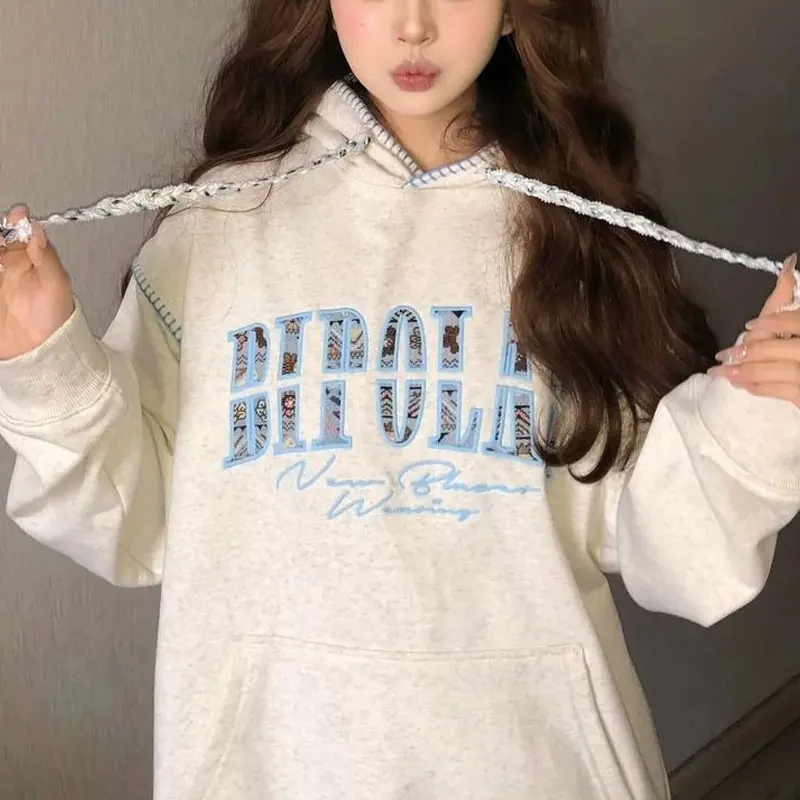 

Female Clothing Letter Embroidery Hoodies Chic Drawstring Hooded Autumn Winter Fleece Spliced American Casual Loose Sweatshirts