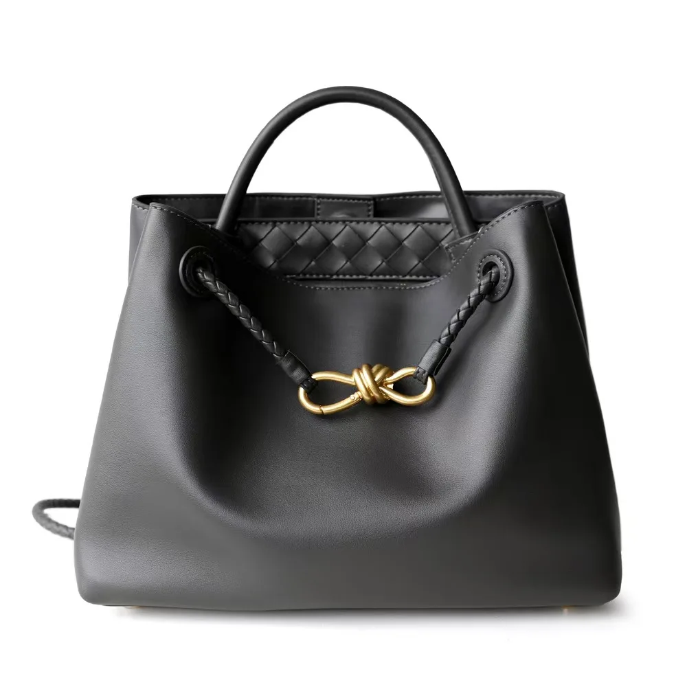 real leather material women's bag with metal bow decoration hand-held large capacity cowhide leather shoulder tote bag