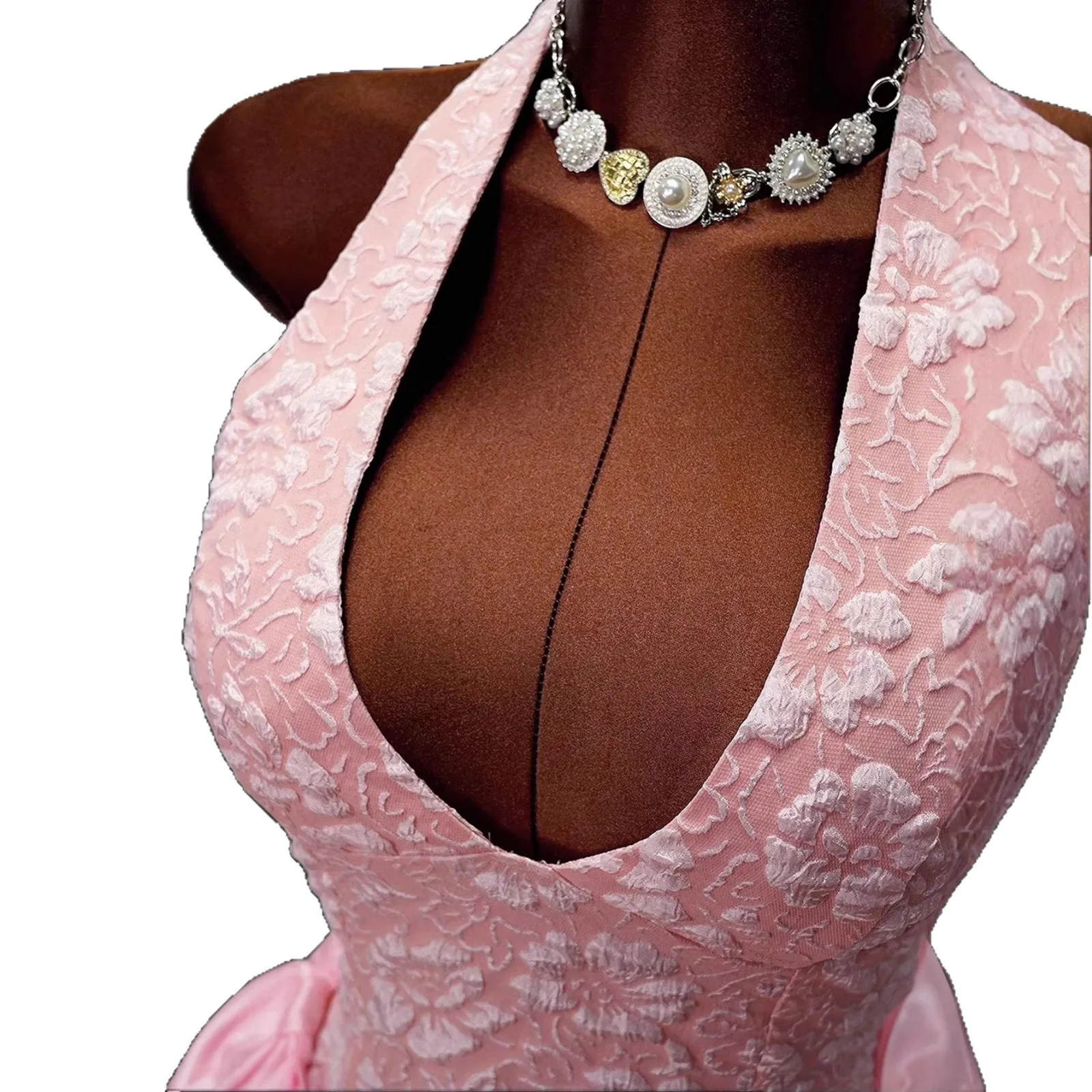 Vestido de Fiesta para Mujer, Elegante y de Lujo, con Cuello Halter y Escote en V, Mini Vestido de Fiesta, Jacquard Floral, Cintura Fruncida Rosa, Peplum