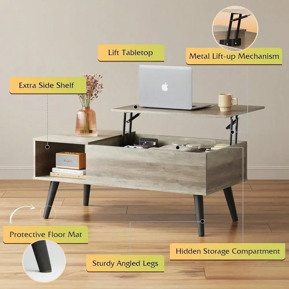 

Table For Living Room, Lift Top Coffee Table With Storage, Small Rising Wooden Dining Center Table With Storage Shelf Hidden Co