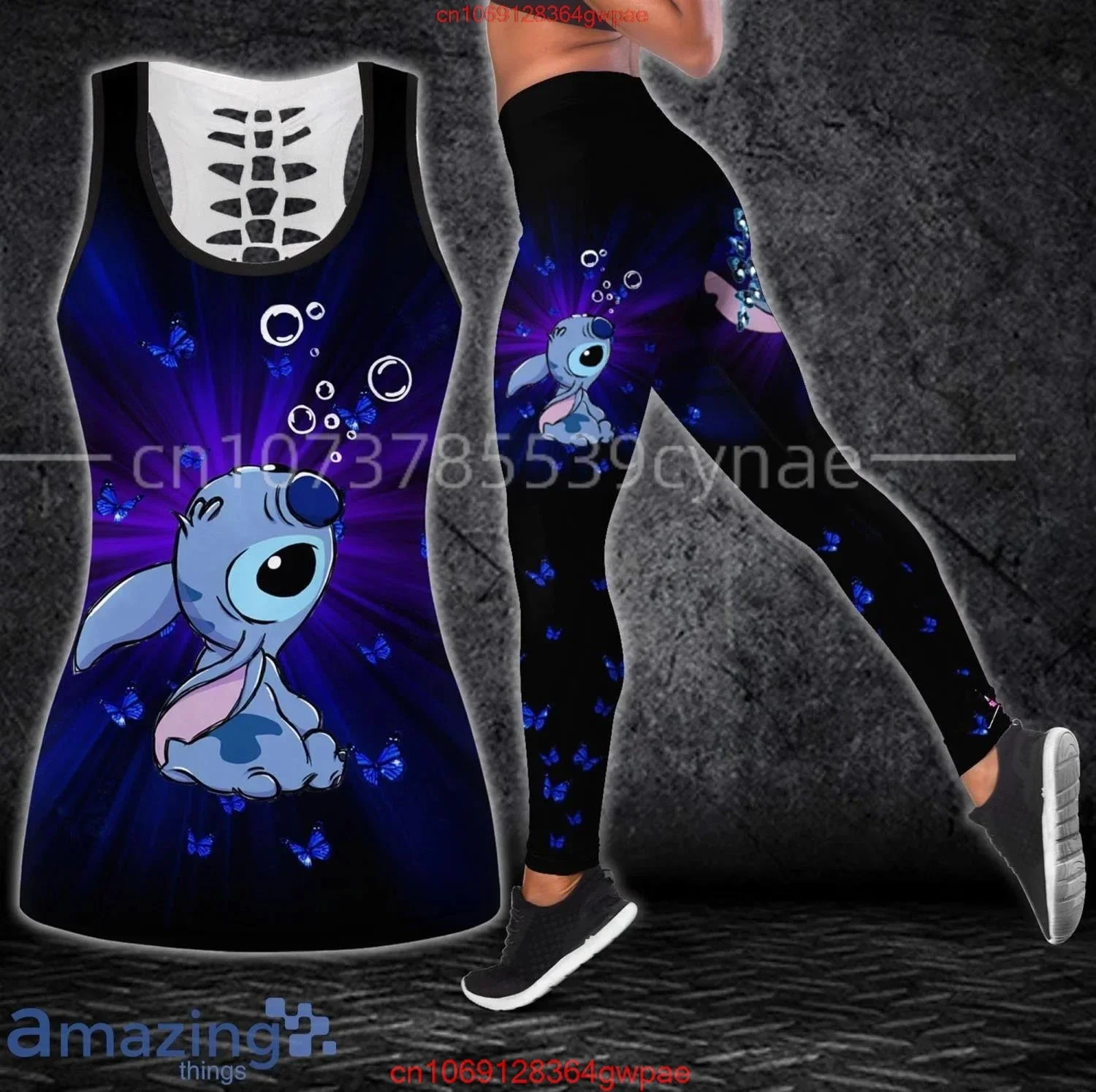 Disney Stitch Women's Book Hollow Vest + Women's Leggings Yoga Suit Fitness Leggings Sports Suit Tank Top Legging Set Outfit St