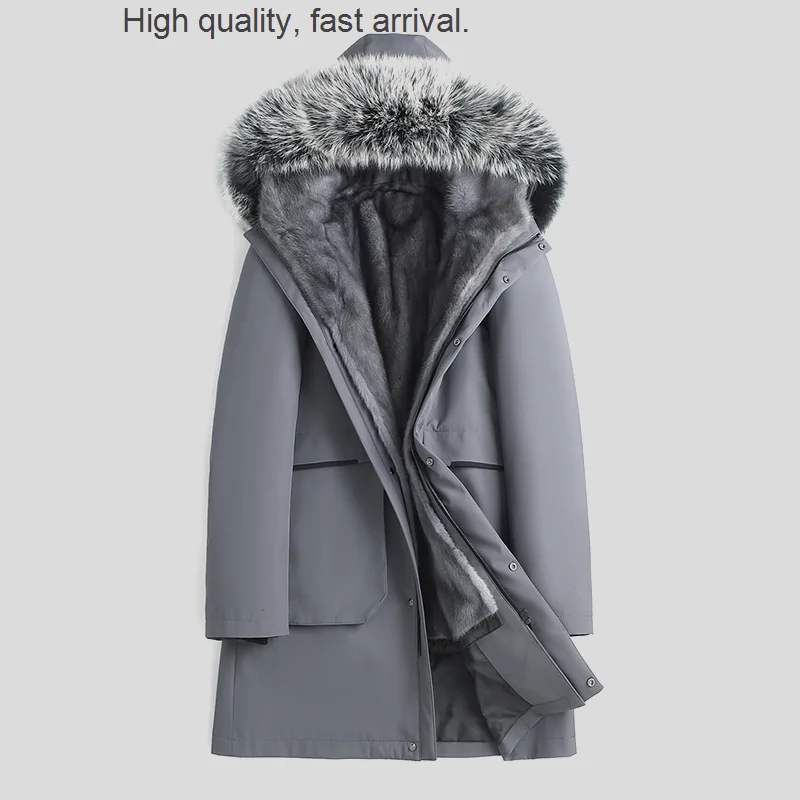 

Men's Real Parka Fur Marten Overcoats Coat Mink Liner Mid-Length Fur Integrated Nick Garment men fox fur jacket