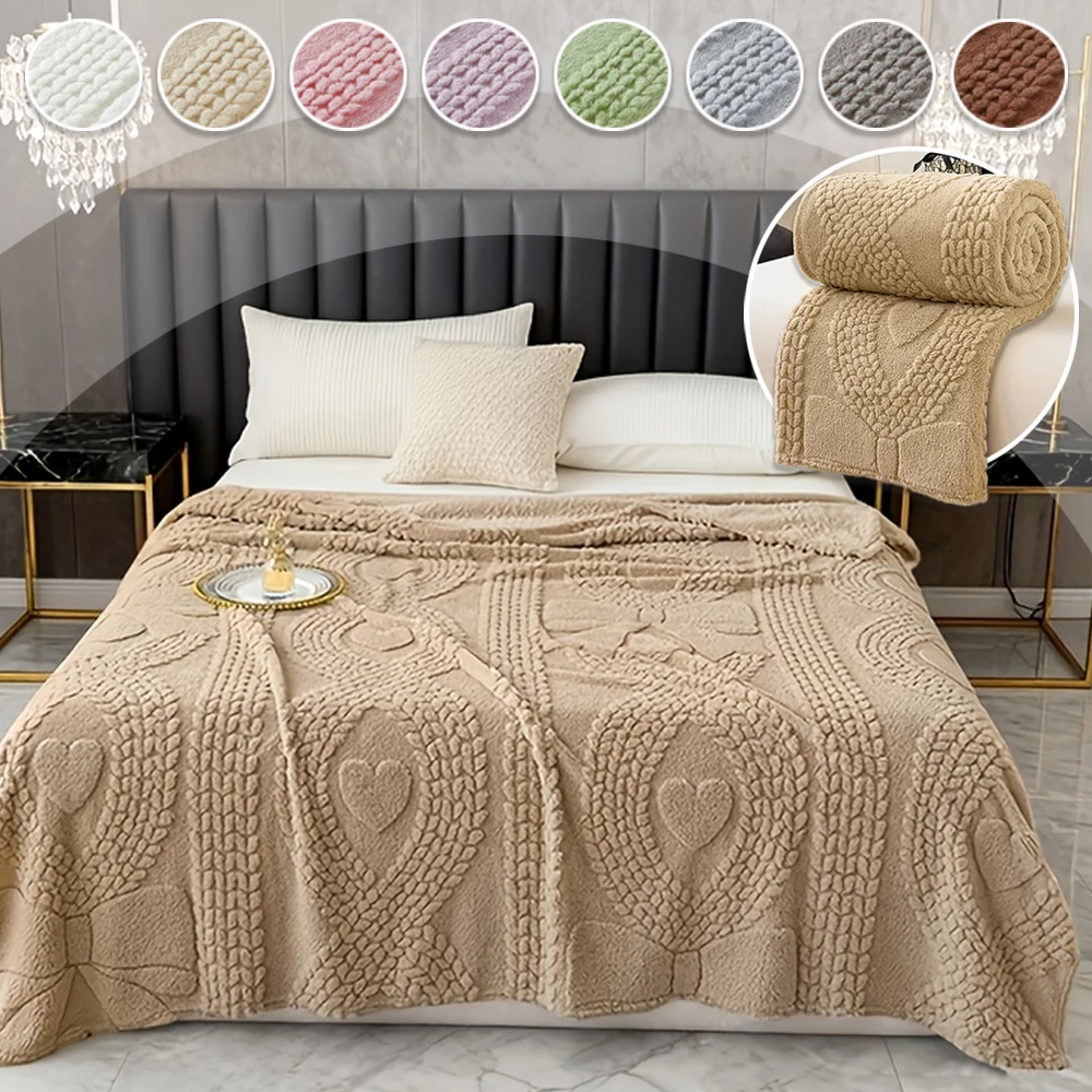 

1PC Solid Color Heart Bow Jacquard Blanket Multi-functional Comfortable Cotton Velvet Blanket Nap Blanket Office Home Decoration