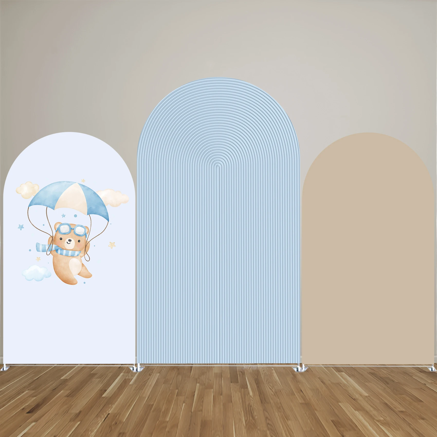 Bear Pilot Arched Fabric Backdrop Covers for Baby Shower Blue Ripple Arch Stand Cover Birthday Parties Decorations Props