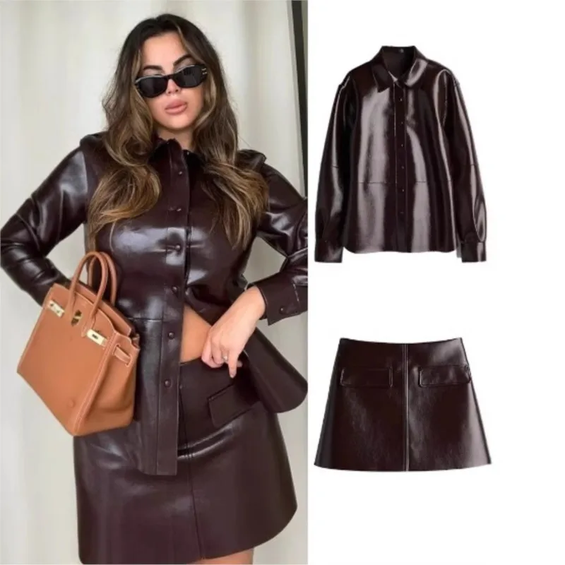 

Women's Slim Leather Jacket Lapel Single Breasted Jacket Sexy PU Mini Skirt 2024 Autumn And Winter Fashion Women's Clothing