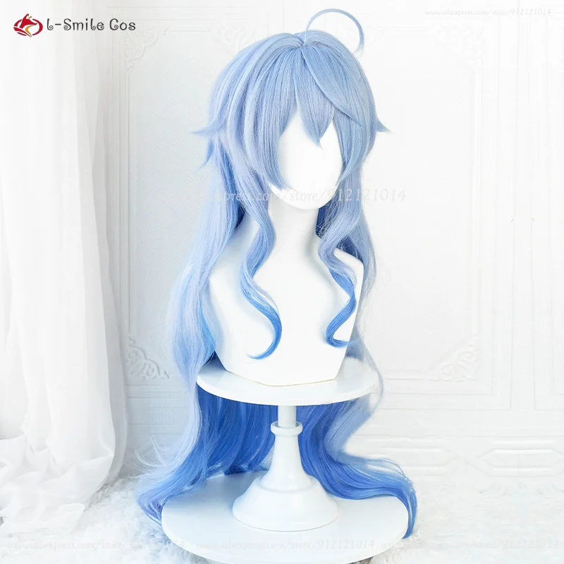 Peruca de Cosplay Anime Ganyu para Mulheres, Cabelo Sintético, Resistente ao Calor, Gradiente Azul, Cruy, Halloween Party, Boné, Longo, 90cm