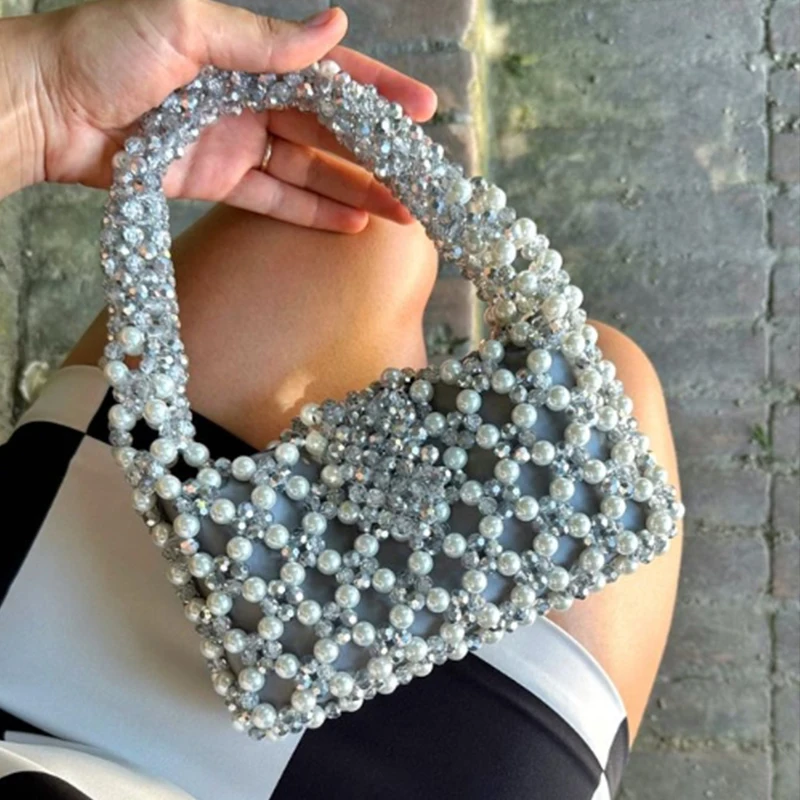 Ins Design Exquisite Women's Bag Fashion Acrylic Bead Shining Crystal Hollow Handmade Shoulder Bags Customized New in Handbag