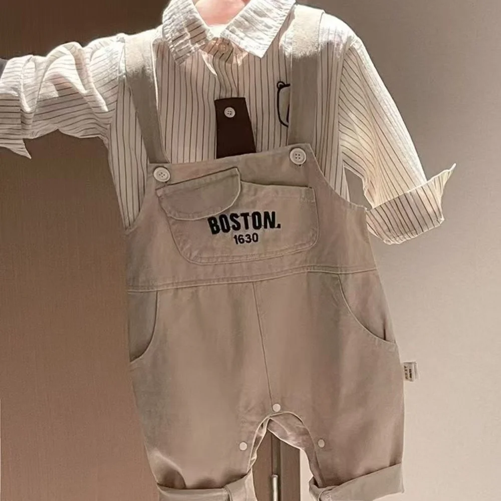 

Boys And Girls 2025 New Spring And Autumn Shirt Strap Pants Two Piece Set Baby Autumn Clothes Stylish Children's Clothing