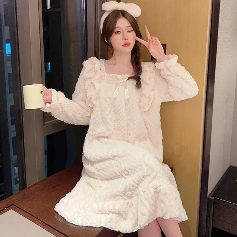 Coral Fleece Nightgowns Women Ruffles Design Warm Cozy Home Sweet Fluffy Sleepwear Princess Plus Velvet Thicker Lounge Winter