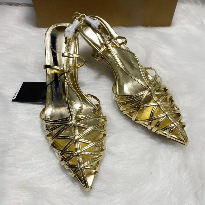 

Summer Hollow Out High Heels Sandals for Women Luxury Gold Narrow Strap Sexy Pointed Toe Back Strap Brand Party Wedding Shoes