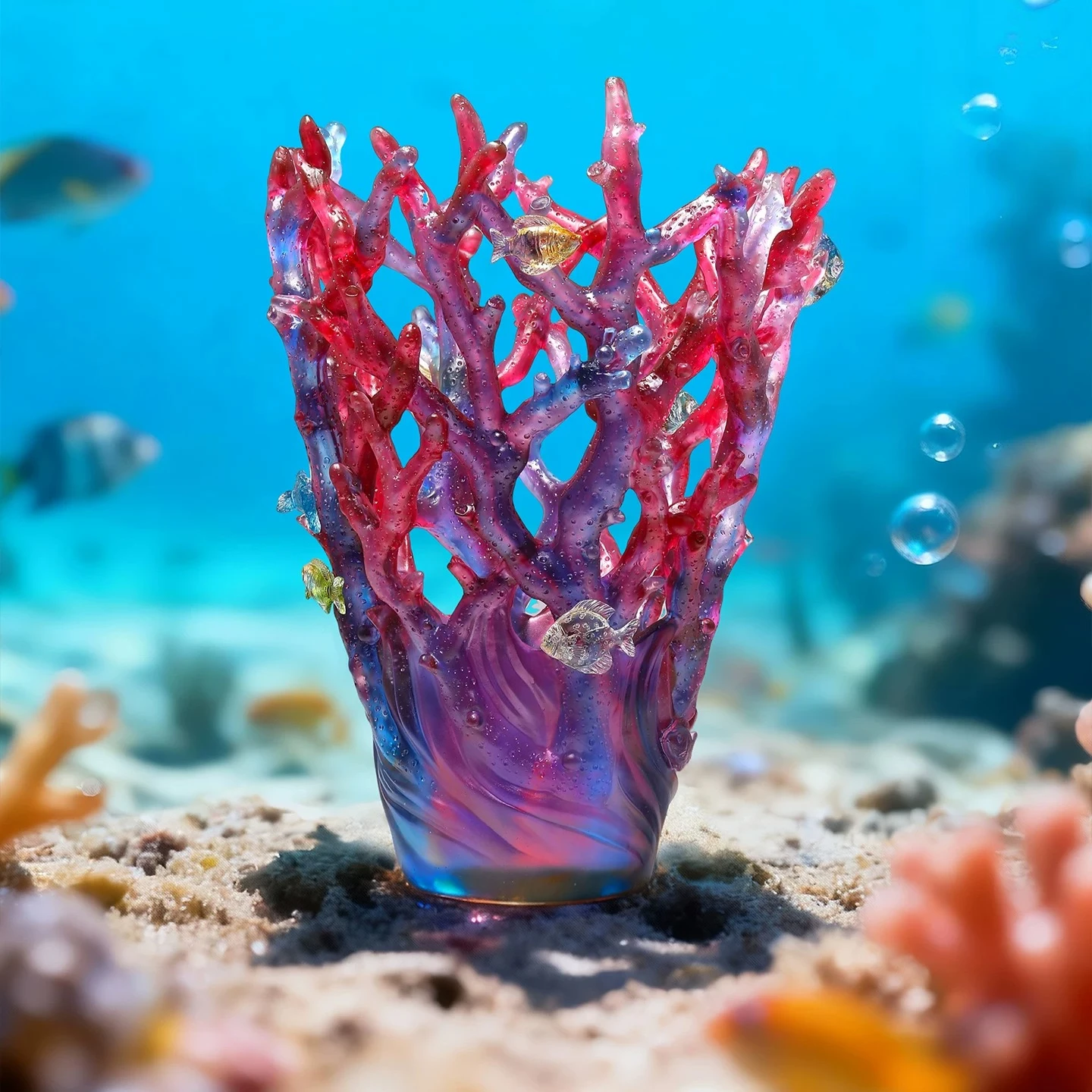 Creative 3D Coral Fish Glass Vase, Colorful Floral Crystal Vase,Embossed Love Style Fashion Trend Ornament,Collectible Home Deco