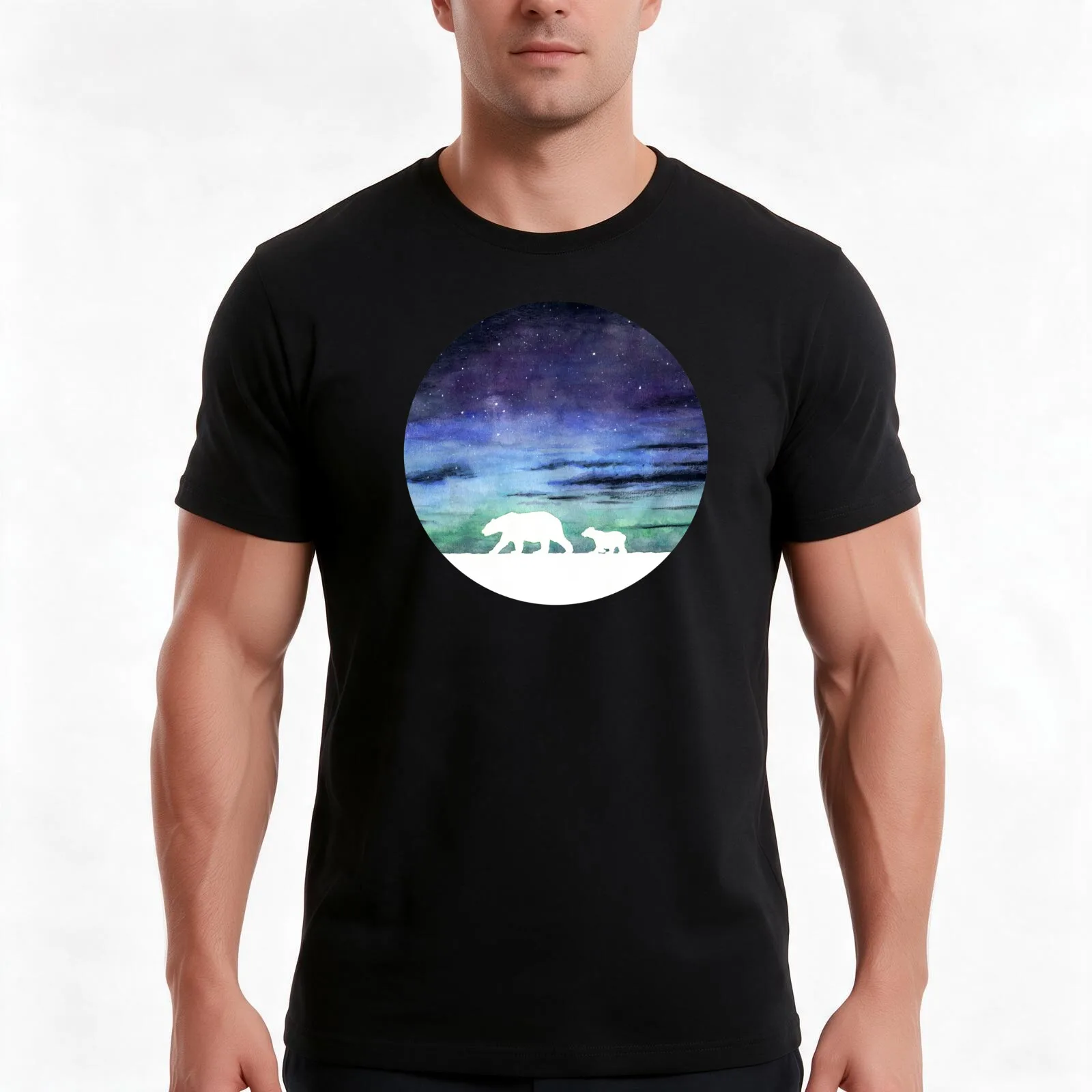 Aurora borealis and polar bears (light version) T-Shirt, Summer Casual Cotton Tee, Oversized Streetwear Tops, Unisex Men Women