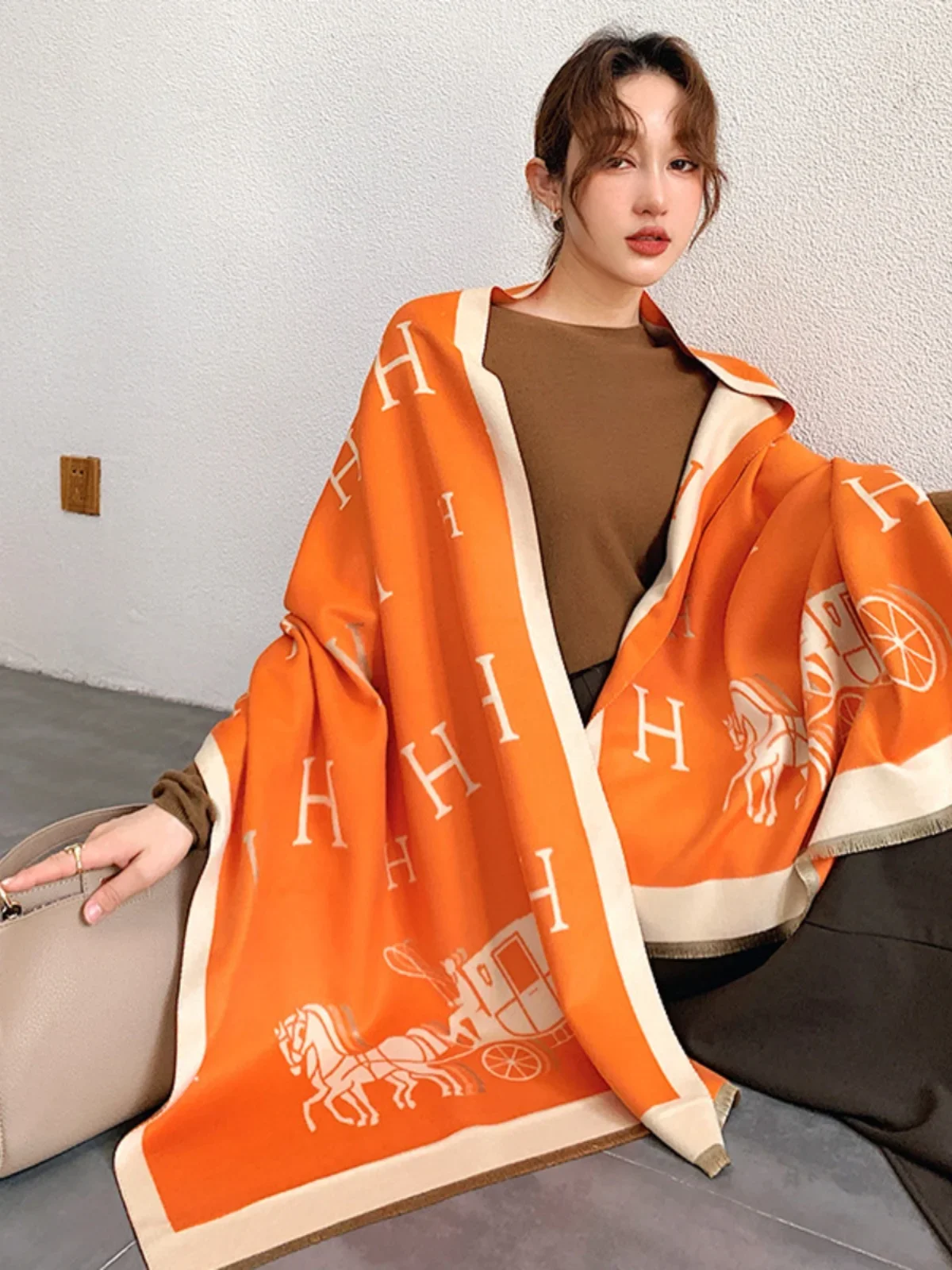 Carriage letter imitation cashmere thickened scarf women's winter warm fringed student scarf dual-purpose shawl