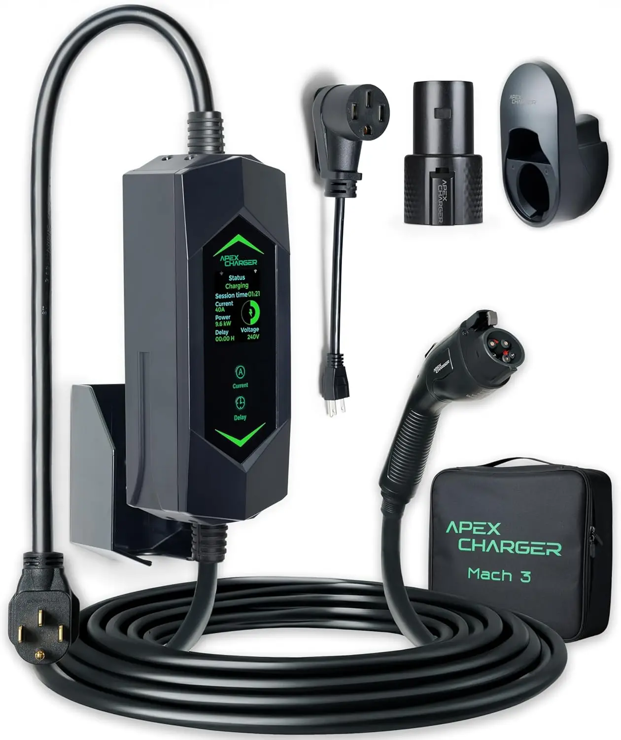MACH 3 Fast 40A Level 1/2 EV Charger, 120-240V NEMA 14-50, SAE J1772 & NACS, 25ft Cable, Outdoor EVSE