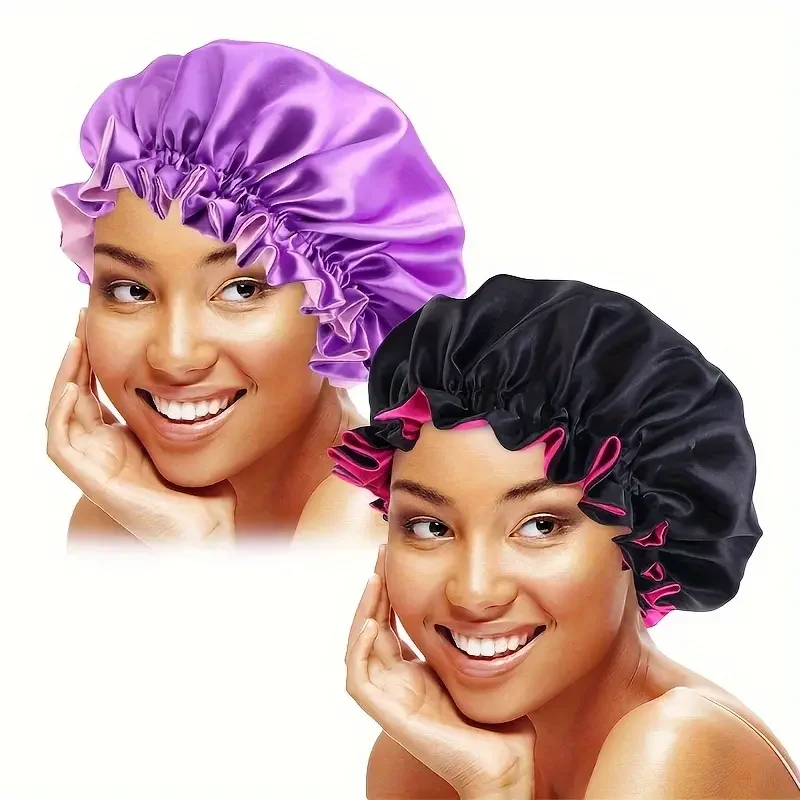 2pcs Satin Bonnet Cap Elastic Double-Layer Silk Sleeping Head Cover For Women Adjustable Lined Hair Wrap For Long Curly Hair