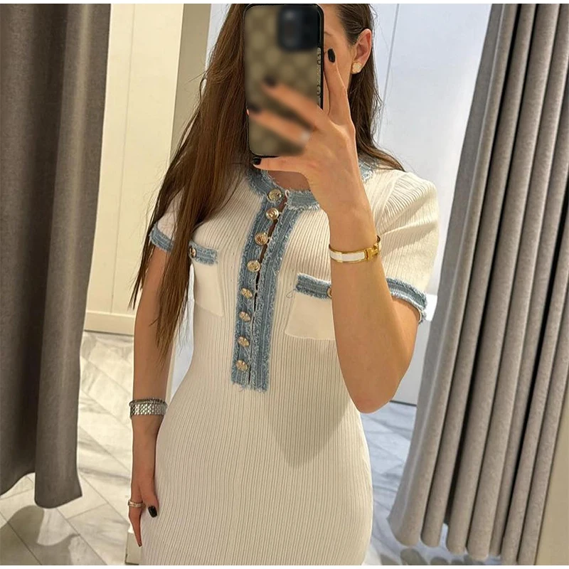エレガントなデニムパッチワークニットロングドレスの女性のファッション V ネック半袖ボタンボディコンドレス女性白ポケットローブ