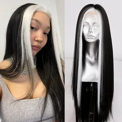 Black White Wig Synthetic Lace Front Wigs For Women Long Straight Highlights White Wig Daily Wear Cosplay Part Mix Black Lace wi