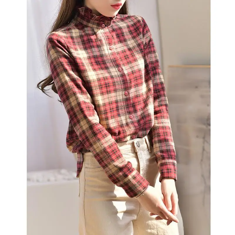 Vintage Printed Button Ruffles Loose Plaid Shirt Female Clothing 2022 Autumn Winter New Casual Tops All-match Korean Blouse