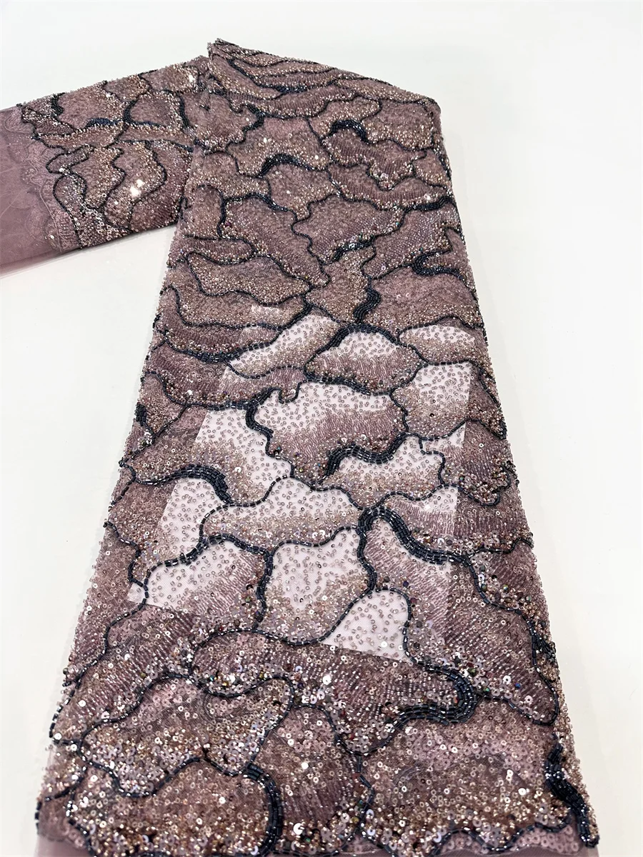 

Luxurious Lines Shape 2024 New High Quality Latest Sequins Beaded African Lace Fabric 5yards Nigerian Tulle Lace For Dresses