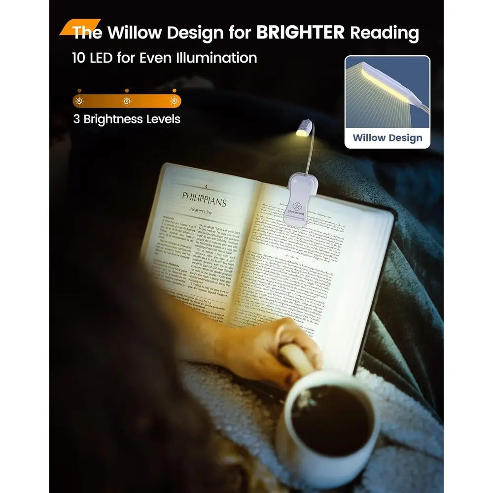 10 LED Adjustable Bed Reading Light, 3 Color Modes, Rechargeable, Lasts 80 Hours, Lightweight Clip-On for Book Enthusiasts