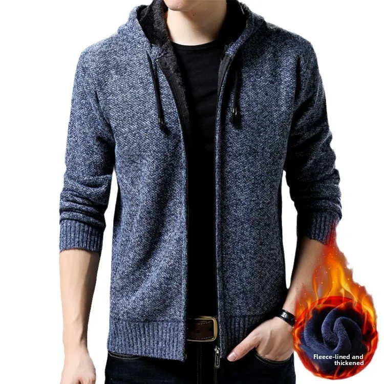 

Осенне-зимний флисовый мужской свитер с капюшоном, вязаный свитер на молнии, утепленный теплый повседневный кардиган, свитер