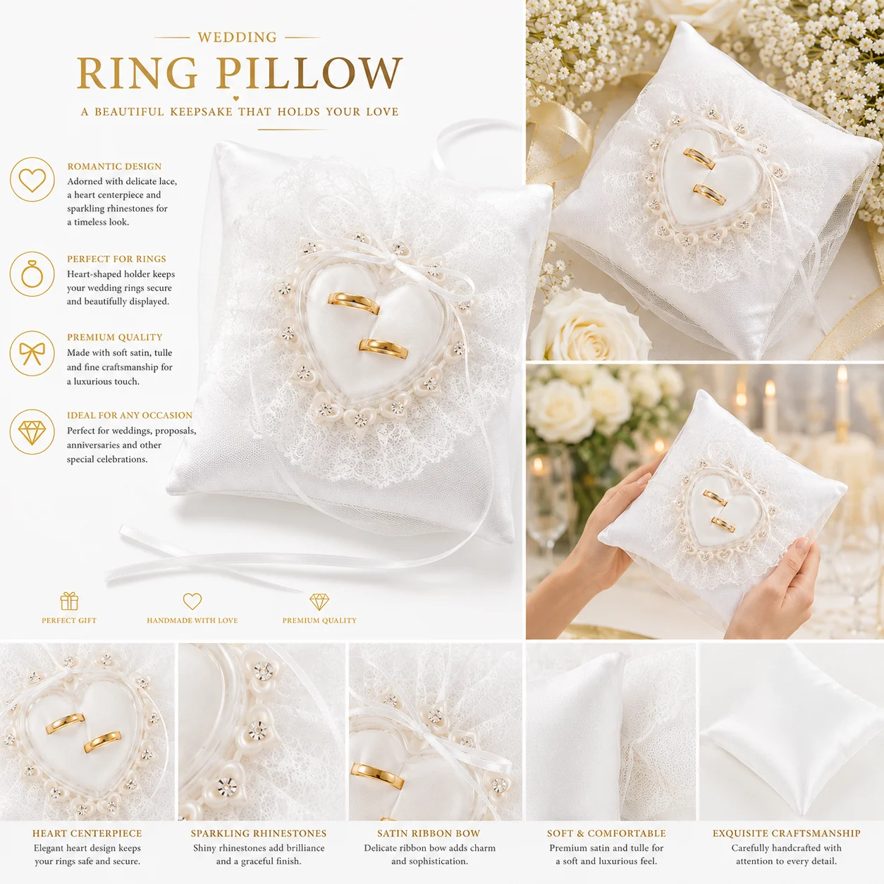 White Wedding Ring Pillow with Lace Heart Rhinestone Ring Bearer Cushion Satin Tulle Ring Holder for Bridal Ceremony