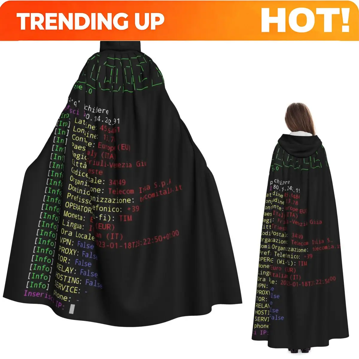 Custom Hacker Code Binary Code Geek Science Computer Long Hooded Cloak Witch Medieval Costume Cosplay Cape HalloweenParty Adult