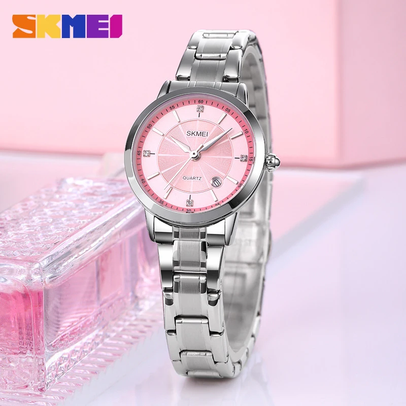 SKMEI Simple Business Quartz Watch with Colorful Round Dial, Steel Strap, Calendar, High-End and Exquisite
