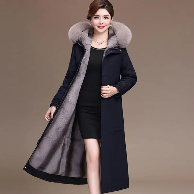 2023 Winter New Women Imitate Rex Rabbit Fur Removable Liner Parka Large Size Long Hooded Faux Fur Coat Thicken Warm Outwear