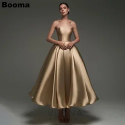 Booma Simple A-Line Prom Dresses Strapless Sleeveless Wedding Guest Dress for Women Ankle Length Party Evening Dress