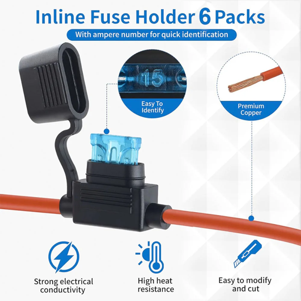 6er-Pack Inline-Sicherungshalter 12 AWG Wasserdichter Sicherungshalter mit 66 Stück Standardsicherungen (2A/3A/5A/7,5A/10A/15A/20A/25A/30A/35A/40A) – Detail 3