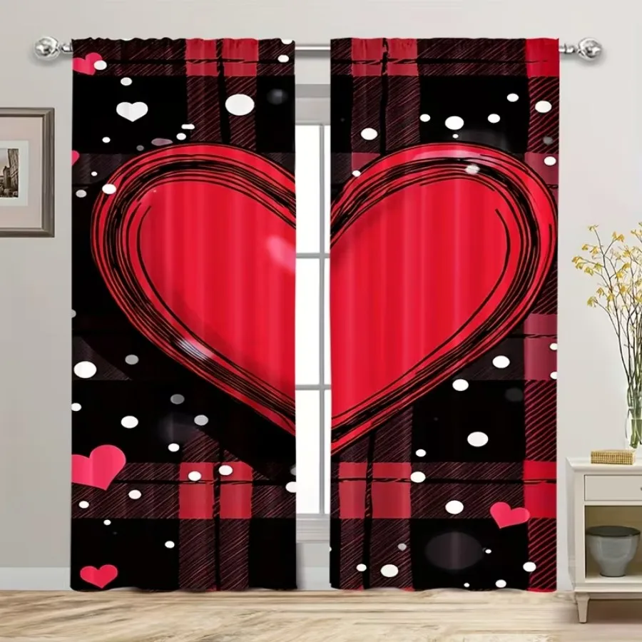 2 PCS White Dot Heart Curtains, Fresh Minimal Style Window Drapes for Living Room Bedroom Home Decor Polyester Rod Pocket