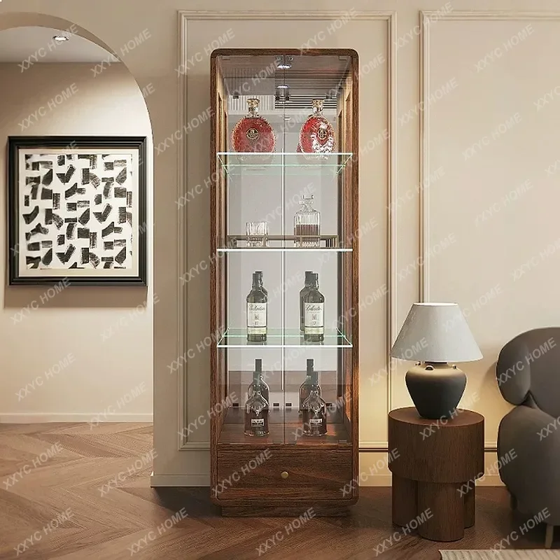 XX Walnut Wine Cabinet with Lock Glass Door Double Door Display Storage Cabinet for Living Room