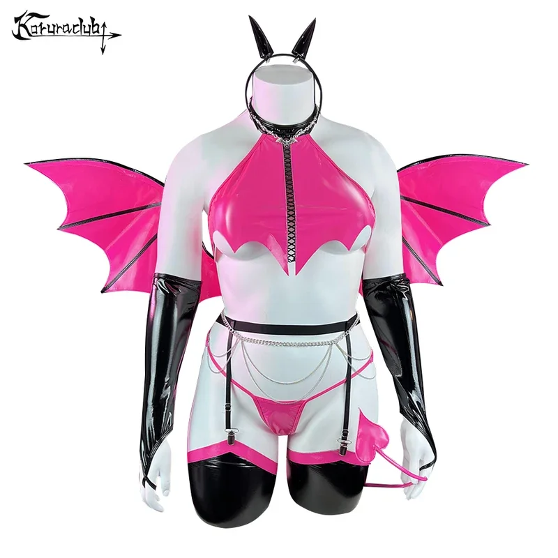 FC6Halloween rosa vermelho cosplay traje demônio menina sexy grande plus size lingerie feminina material PU roupa íntima asa de morcego @ FC8!